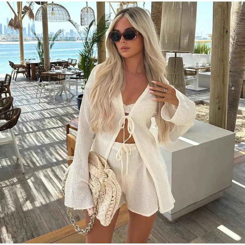 Casual Long Sleeve Lace-Up Top with Shorts Suit